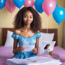 An 18-year-old astonishingly beautiful skinny petite African-Vietnamese woman with a face resembling Sarah Hyland, holding a long paper receipt