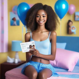 An 18-year-old astonishingly beautiful skinny petite African-Vietnamese woman with a face resembling Sarah Hyland, holding a long paper receipt