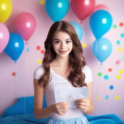 An 18-year-old astonishingly beautiful skinny petite white woman with a face resembling Sarah Hyland, holding a long paper receipt