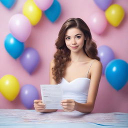 An 18-year-old astonishingly beautiful skinny petite white woman with a face resembling Sarah Hyland, holding a long paper receipt