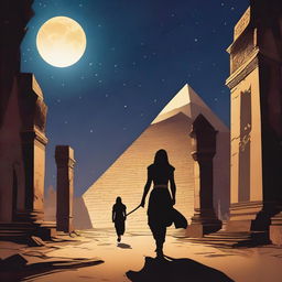 A nighttime view of Cairo highlights the silhouette of the pyramids under a starry sky and a full moon, creating an atmosphere of mystery and danger