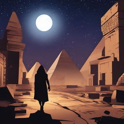 A nighttime view of Cairo highlights the silhouette of the pyramids under a starry sky and a full moon, creating an atmosphere of mystery and danger