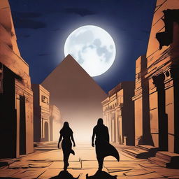 A nighttime view of Cairo highlights the silhouette of the pyramids under a starry sky and a full moon, creating an atmosphere of mystery and danger