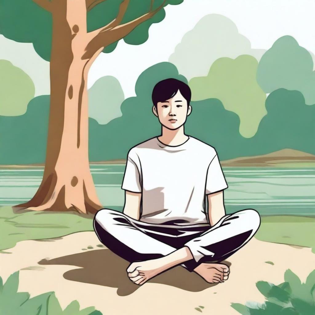 A detailed illustration of a person sitting cross-legged on the ground, looking relaxed and peaceful