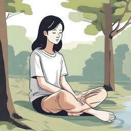 A detailed illustration of a person sitting cross-legged on the ground, looking relaxed and peaceful