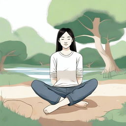 A detailed illustration of a person sitting cross-legged on the ground, looking relaxed and peaceful