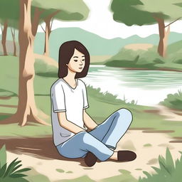 A detailed illustration of a person sitting cross-legged on the ground, looking relaxed and peaceful