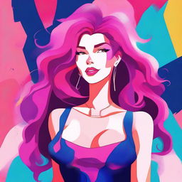 A stylized illustration of a female character with a huge chest and vibrant pink hair