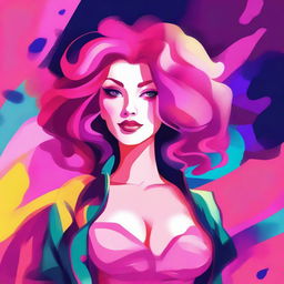 A stylized illustration of a female character with a huge chest and vibrant pink hair