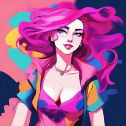 A stylized illustration of a female character with a huge chest and vibrant pink hair