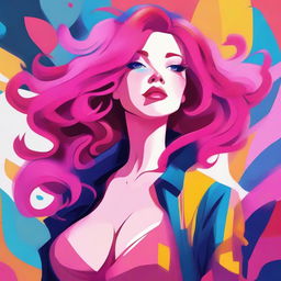 A stylized illustration of a female character with a huge chest and vibrant pink hair