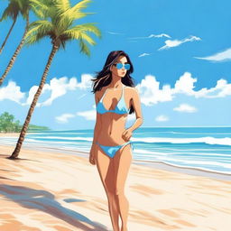 A girl in a bikini standing on a sunny beach with palm trees in the background