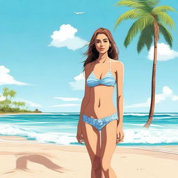 A girl in a bikini standing on a sunny beach with palm trees in the background