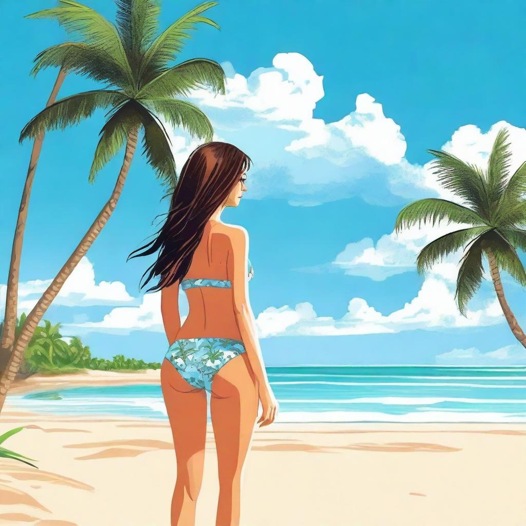 A girl in a bikini standing on a sunny beach with palm trees in the background