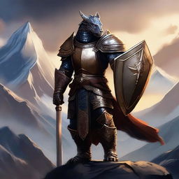 A majestic Dragonborn Paladin clad in shining armor, standing valiantly with a sword and shield