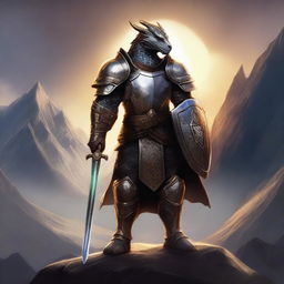 A majestic Dragonborn Paladin clad in shining armor, standing valiantly with a sword and shield