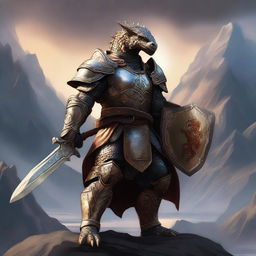 A majestic Dragonborn Paladin clad in shining armor, standing valiantly with a sword and shield