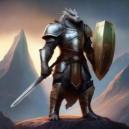 A majestic Dragonborn Paladin clad in shining armor, standing valiantly with a sword and shield