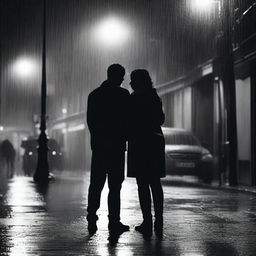 A dramatic scene of a husband and wife hugging each other tightly in the pouring rain on a dark street at night