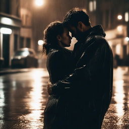 A dramatic scene of a husband and wife hugging each other tightly in the pouring rain on a dark street at night