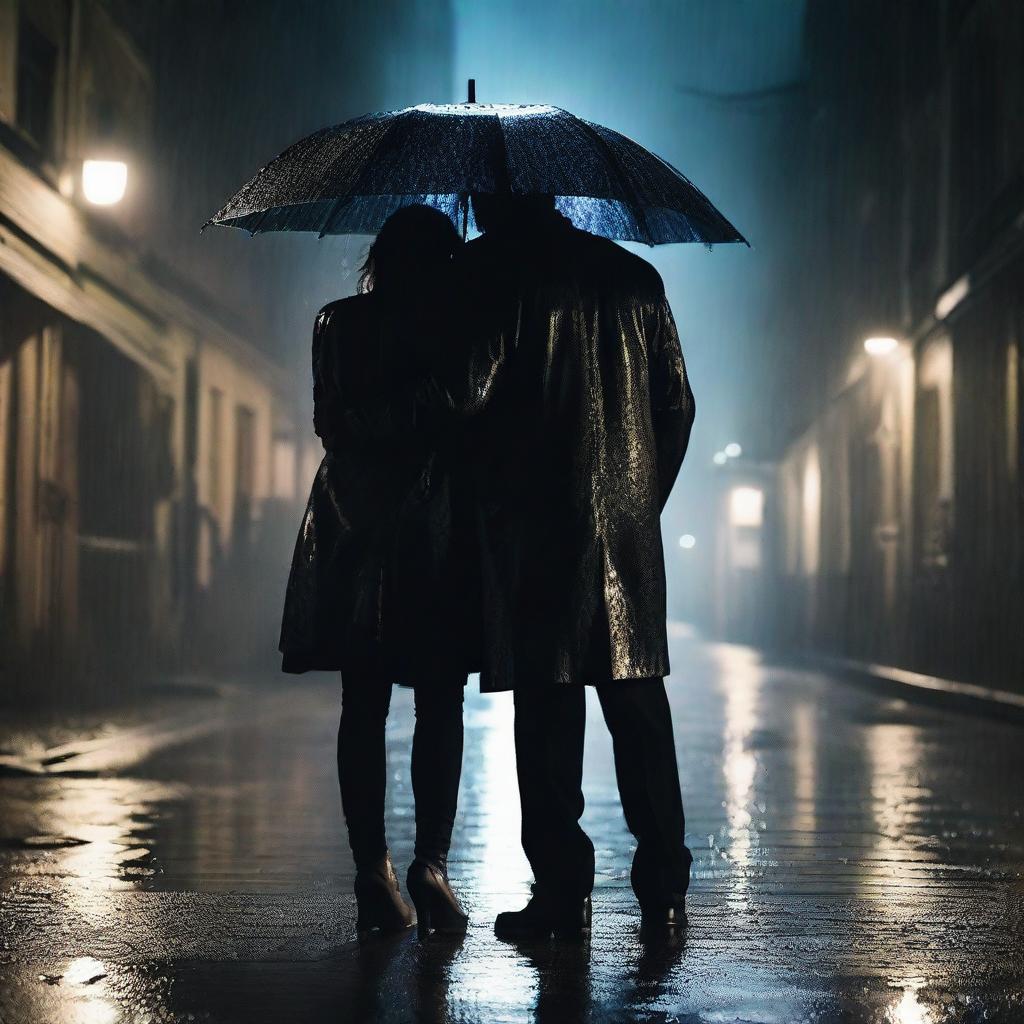 A dramatic scene of a husband and wife hugging each other tightly in the pouring rain on a dark street at night