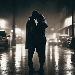 A dramatic scene of a husband and wife hugging each other tightly in the pouring rain on a dark street at night