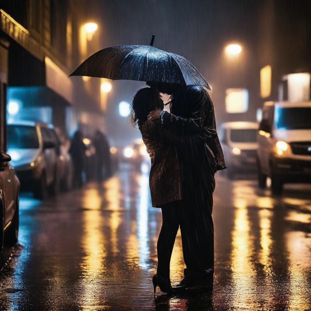 A dramatic scene of a husband and wife hugging each other tightly in the pouring rain on a dark street at night