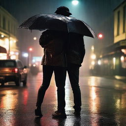 A dramatic scene of a husband and wife hugging each other tightly in the pouring rain on a dark street at night