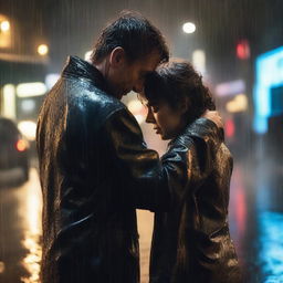 A dramatic scene of a husband and wife hugging each other tightly in the pouring rain on a dark street at night