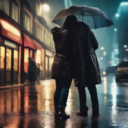 A dramatic scene of a husband and wife hugging each other tightly in the pouring rain on a dark street at night