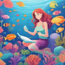 A detailed illustration of a mermaid researcher studying underwater plants and marine life