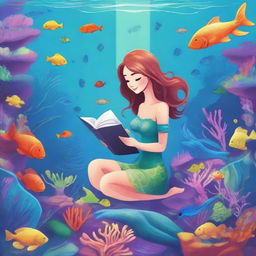 A detailed illustration of a mermaid researcher studying underwater plants and marine life