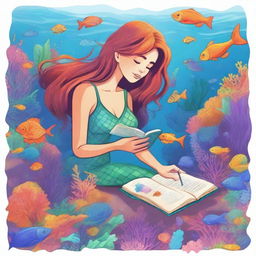 A detailed illustration of a mermaid researcher studying underwater plants and marine life