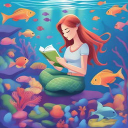 A detailed illustration of a mermaid researcher studying underwater plants and marine life