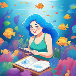 A detailed illustration of a chubby mermaid researcher with blue hair studying underwater plants and marine life