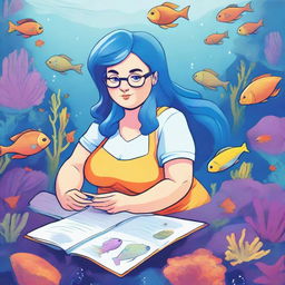 A detailed illustration of a chubby mermaid researcher with blue hair studying underwater plants and marine life