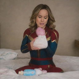 Brie Larson as Captain Marvel in an amusing and playful scene, pictured with baby diapers and a cute pink pacifier.