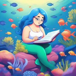 A detailed illustration of a chubby mermaid researcher with blue hair studying underwater plants and marine life