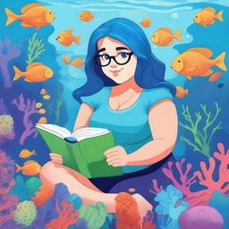 A detailed illustration of a chubby mermaid researcher with blue hair studying underwater plants and marine life