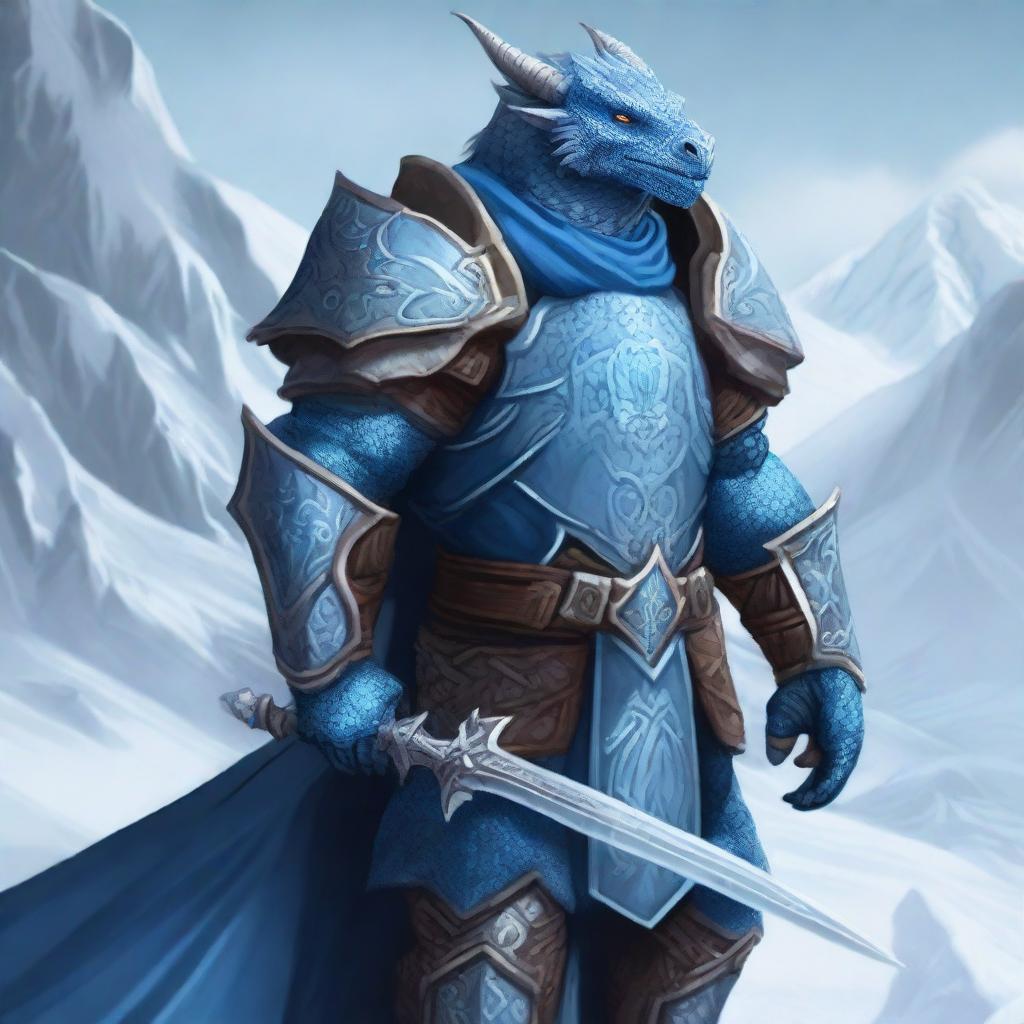 A noble Dragonborn Paladin inspired by Velkhana, adorned in intricate, icy blue armor with frost patterns