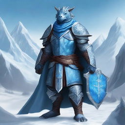 A noble Dragonborn Paladin inspired by Velkhana, adorned in intricate, icy blue armor with frost patterns