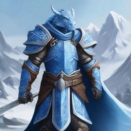 A noble Dragonborn Paladin inspired by Velkhana, adorned in intricate, icy blue armor with frost patterns