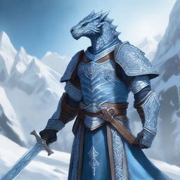 A noble Dragonborn Paladin inspired by Velkhana, adorned in intricate, icy blue armor with frost patterns