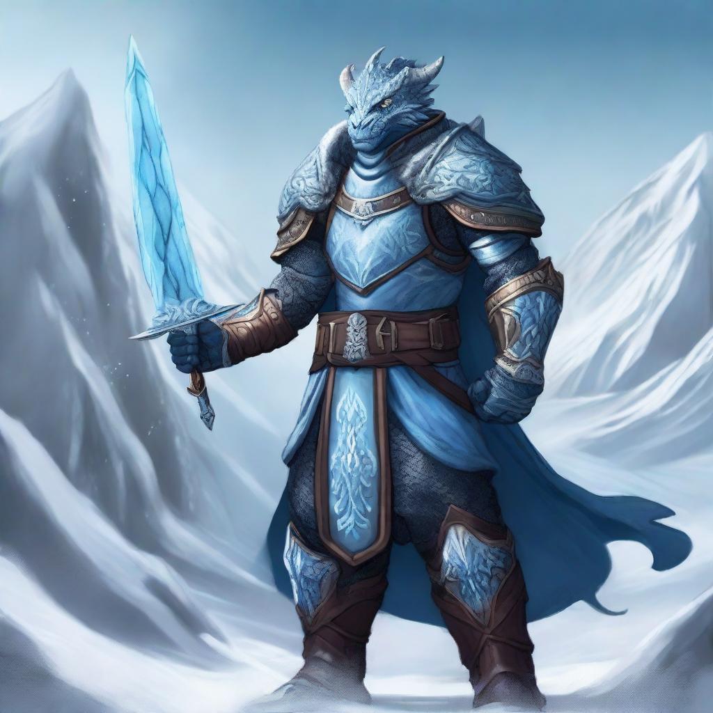 A noble Dragonborn Paladin inspired by Velkhana, adorned in intricate, icy blue armor with frost patterns