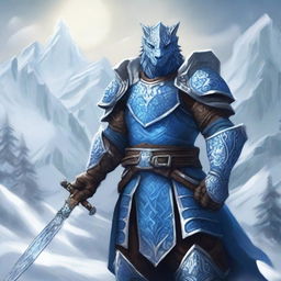 A noble Dragonborn Paladin inspired by Velkhana, adorned in intricate, icy blue armor with frost patterns