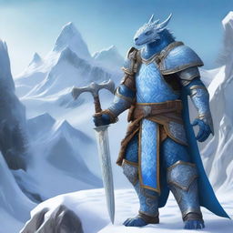 A noble Dragonborn Paladin inspired by Velkhana, adorned in intricate, icy blue armor with frost patterns