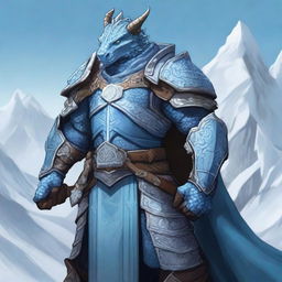 A noble Dragonborn Paladin inspired by Velkhana, adorned in intricate, icy blue armor with frost patterns