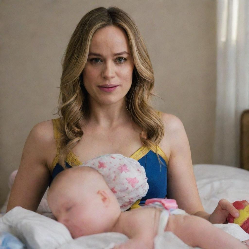 Brie Larson as Captain Marvel in an amusing and playful scene, pictured with baby diapers and a cute pink pacifier.