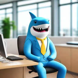 A friendly, emotional support shark in a modern office setting