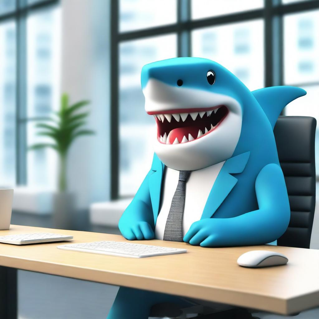 A friendly, emotional support shark in a modern office setting